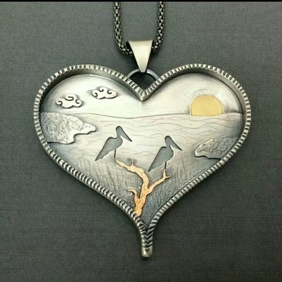Heart Shaped Pendant with Rising / Setting Sun, Water and Pelicans #842 - Picture 3 of 7